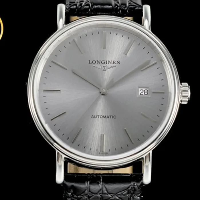 top-tier watch Longines men's gray plate black belt magnificent leather strap watch side view