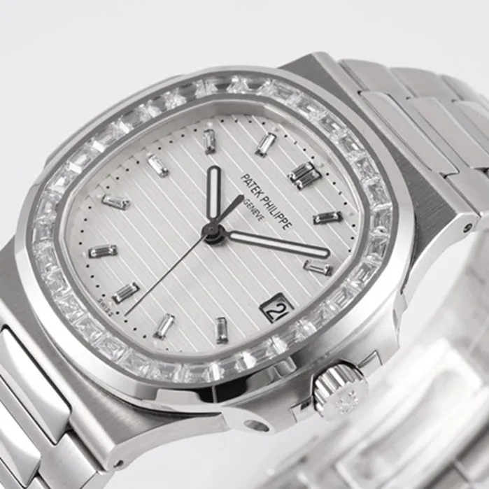 top-tier watch Patek Philippe men's white dialsteel bracelet watch front view