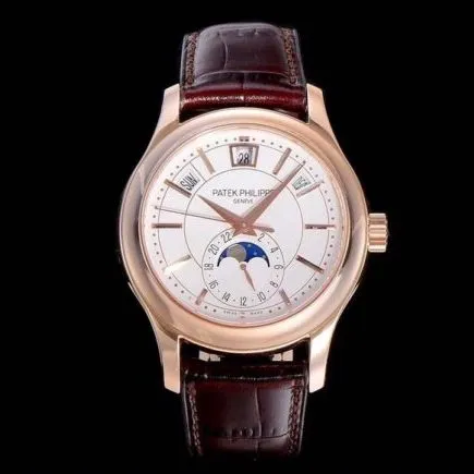 GR factory top-tier watch Patek Philippe top-tier complex function series version 5205G-013 rose gold plate white background men's mechanical watch front view
