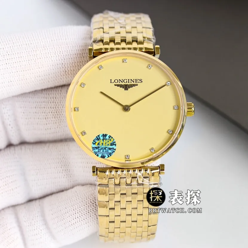 Jialan Longines watch men's champagne gold plate steel bracelet movement picture