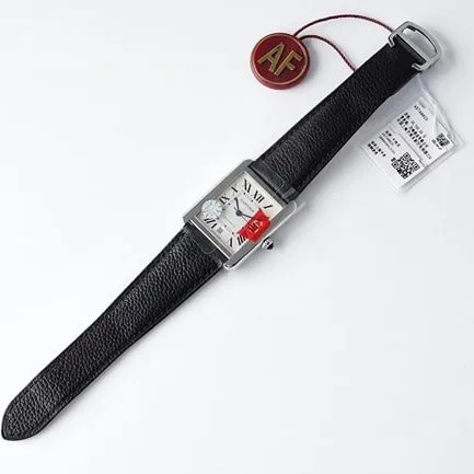 AF Factorytop-tier replicaCartier men's white dial black belt tank series fully automatic movementleather strap watch front view