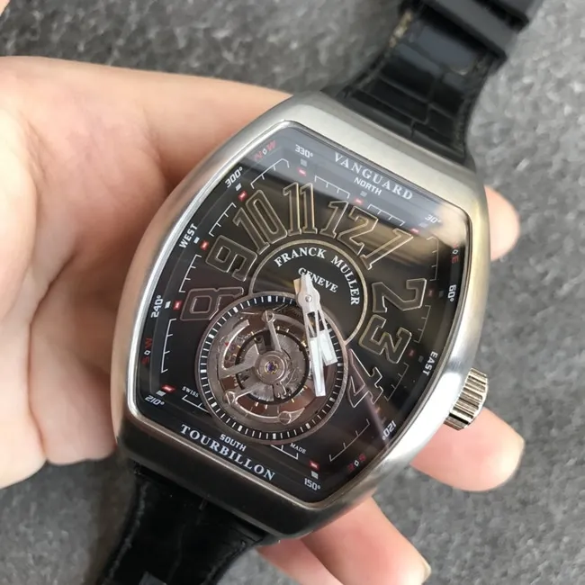 Top-tier watch Frank Muller men's black dial black belt V45 Pioneer series tourbillon mechanical leather strap watch side view