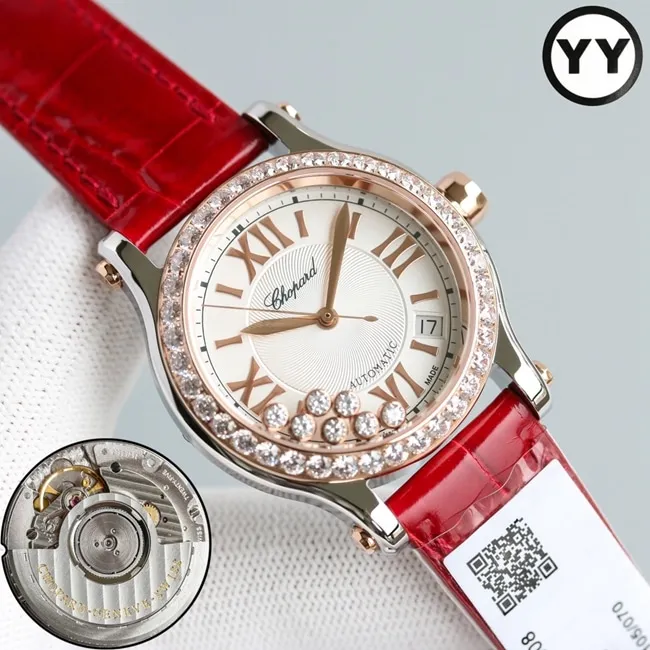 top-tier watch Chopard women's white dial red strap happy diamond series leather strap mechanical watch detail shots