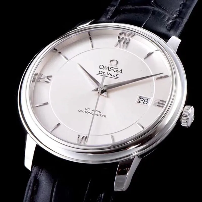 Omegatop-tiersuper watch disc flying business series men's mechanical ultra-thin watch black leather white face clasp picture