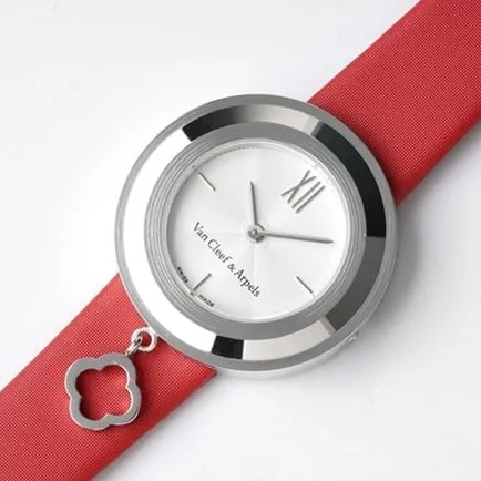 top-tier Van Cleef & Arpels women's white dial red band Charms Gold watch quartzleather strap watch detail shots