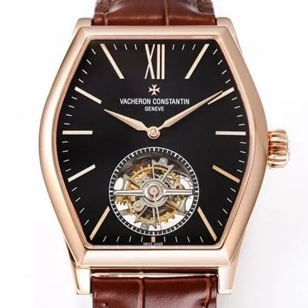 VCR factory top-tier watch Vacheron Constantin men's black dial brown belt Maltese tourbillon series mechanical watch front view