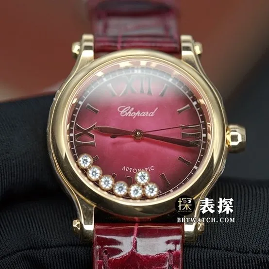 YF Happy Diamond Chopard1:1replica watch red mother-of-pearl disk rose gold8 smart diamondleather strap model 275378-5005side live photo