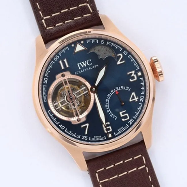 top-tier watch IWC men's blue dial hour room pilot series tourbillon watch side view