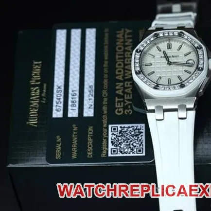 top-tier watch Audemars PiguetRoyal Oak diamond ladies white dial watch white rubber strapquartz movement watch weight chart
