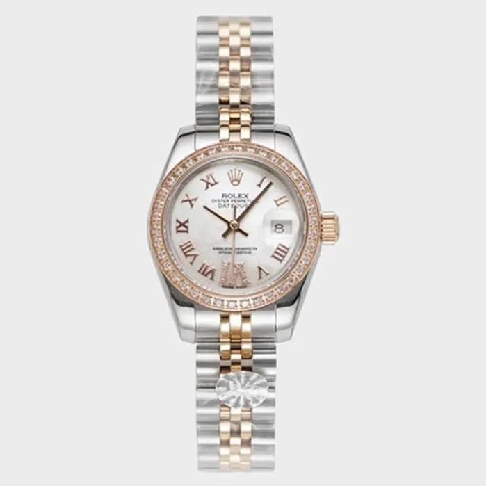 top-tier watch Rolex women's white dialDatejuststeel bracelet watch side view