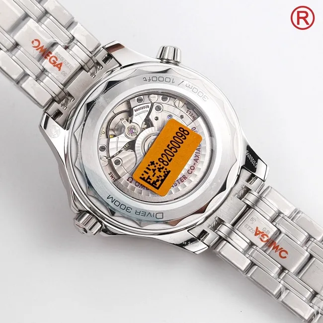Top Omega Men's Black Plate Steel Strap Seamaster 300M Automatic Mechanical Watch Front View