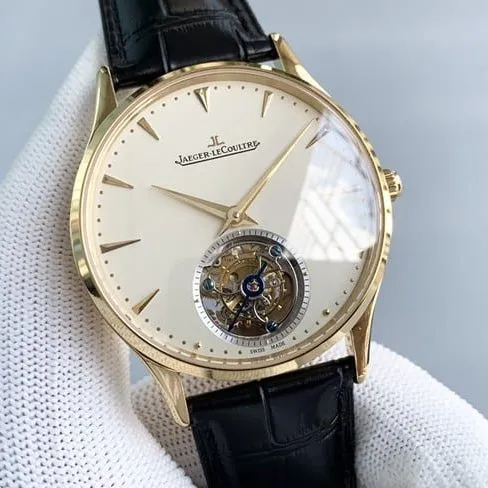 Jaeger-LeCoultretop-tier watch men's white dial black belt master series fully automatic movement tourbillonleather strap watch front view