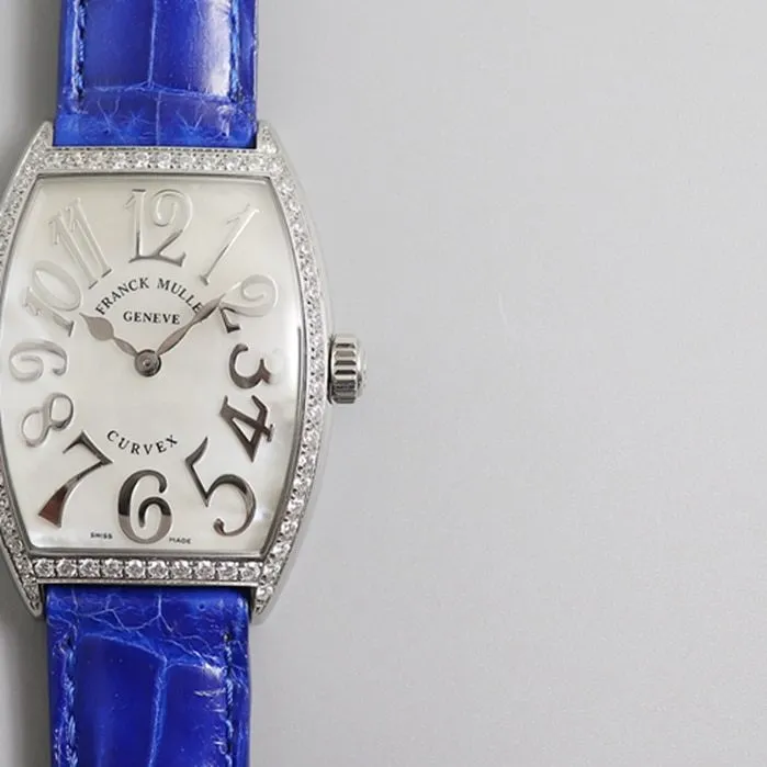 top-tier watch Frank Muller women's white dial barrel quartz watch side view