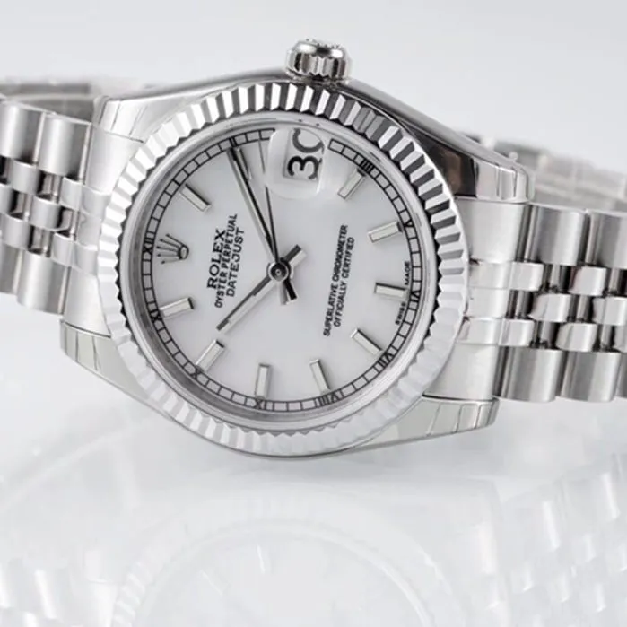 Top-tier watch Rolex men's white dial Oyster Perpetual Datejust 31mm series steel bracelet watch side view