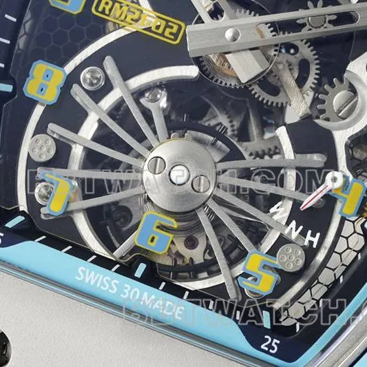 Richard Mille top-tier watch hollow dial tourbillon mechanical blue rubber model RM 21-02side live photo