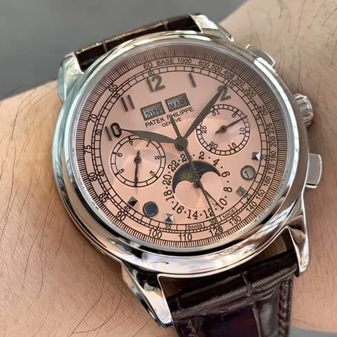 top-tier watch Patek Philippe men's pink plate brown belt super complex function series leather strap watch side view