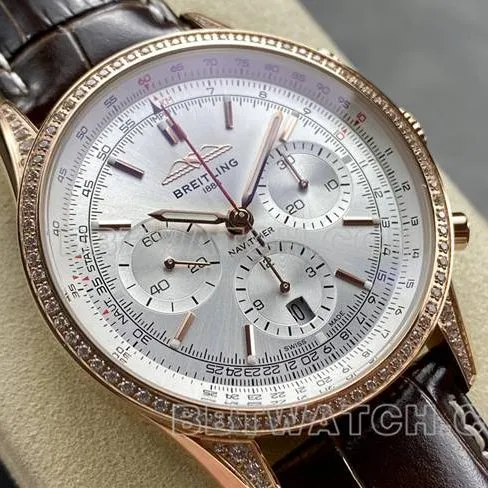 collectible watch BLS factory silver white dialBreitling aviation chronographrose gold diamond leather strap model side live photo