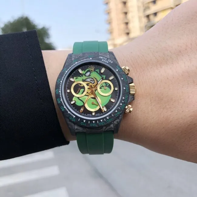 TW factory top-tier watch RolexROLEX universe chronographDaytona series carbon fiber black dial green bottom men's mechanical watch front view