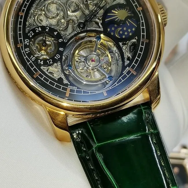 top-tier watch Vacheron Constantin men's black dial green strap tourbillon mechanical leather strap watch detail shots