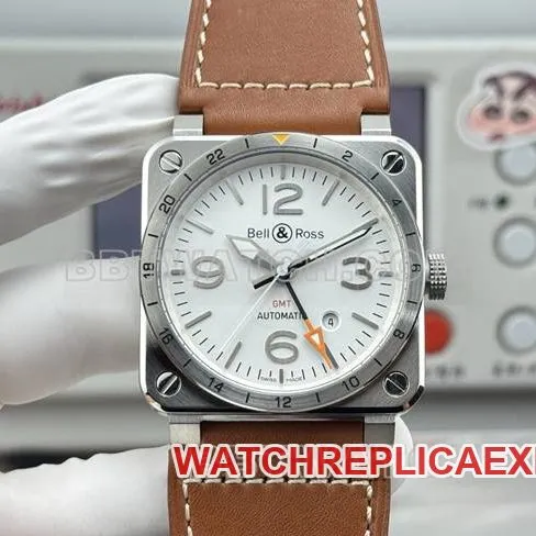 1:1replica watch Bell & Ross white dial 42mm dual time zone leather strap model side live photo