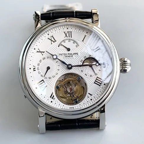 top-tier watch Patek Philippe men's white dial black belt automatic complex function series tourbillonleather strap watch leather strap picture
