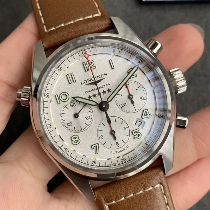 top-tier watch Longines men's white dial pioneer series leather strap watch side view