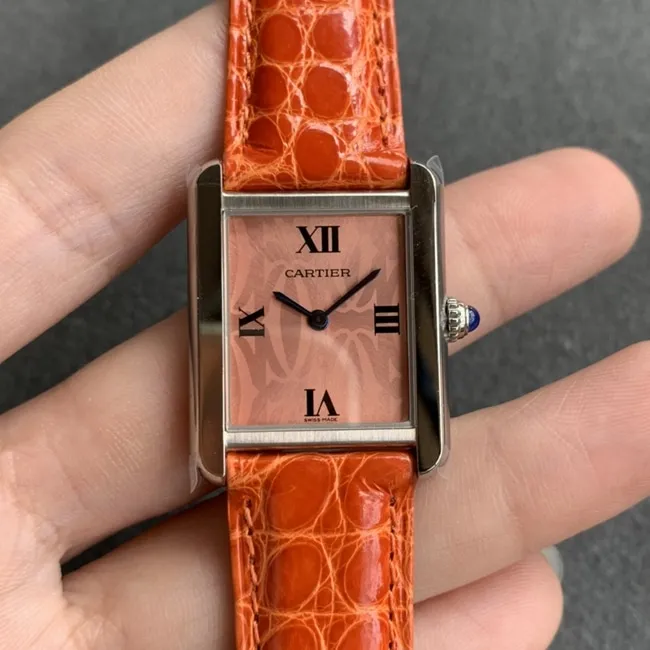 K11 factory top-tier watch Cartier women's tank series pink plate orange belt automatic movementleather strap watch detail shots