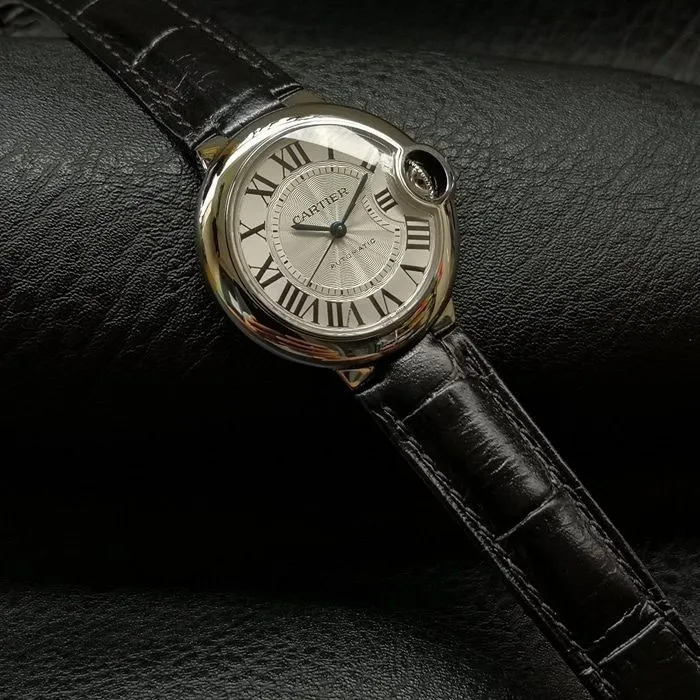 top-tier watch Cartier men's white dial blue balloon series leather strap watch front view