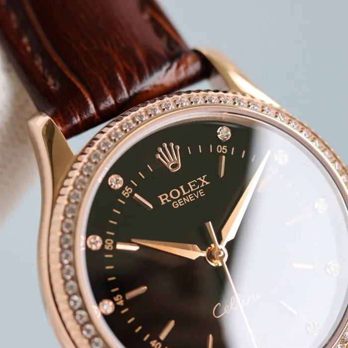 Top Rolex Ladies' Cellini series black dial leather strap watch, front view