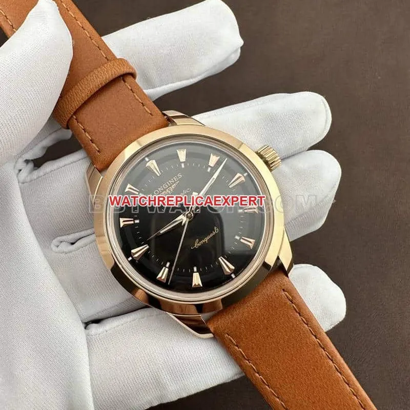 AF FactoryLongines Concast stop-tier 1:1super cloneblack dialrose goldleather strap side live photo