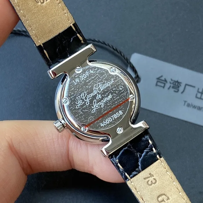 top-tier watch Longines couple watch blue dial black belt Jialan series leather strapquartz watch side view