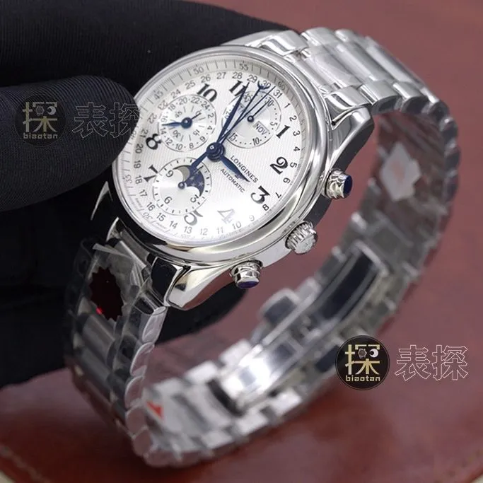 kl famous craftsman eight-pin Longines watch chronograph white dialsteel bracelet front view