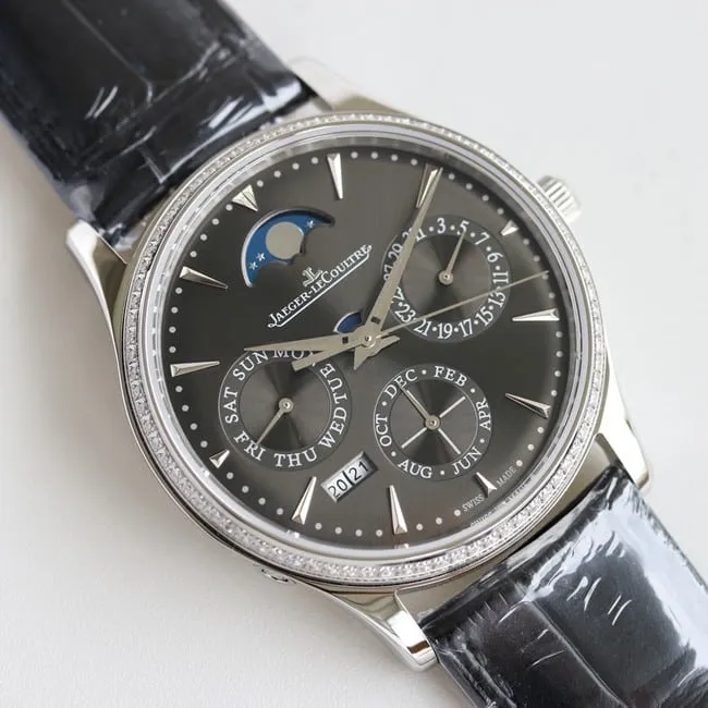 TW factory Jaeger-LeCoultre perpetual calendar men's black dial black belt full automatic movement master series leather straptop-tier watch front view