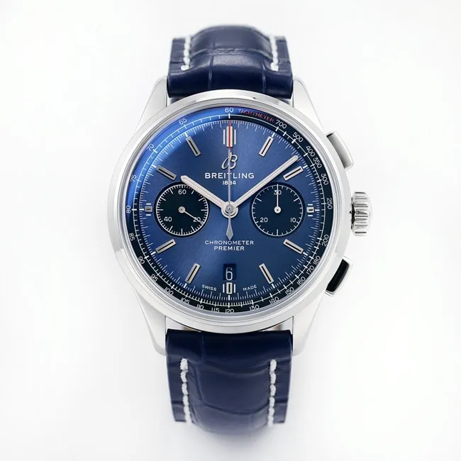GF Factorytop-tier watch new century men's blue dial blue belt Puya B01chronograph mechanical leather strap watch front view