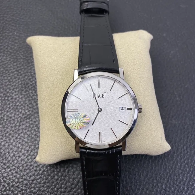 MKS Factorytop-tier watch Piaget men's white dial black belt ultra-thin series leather strap watch front view