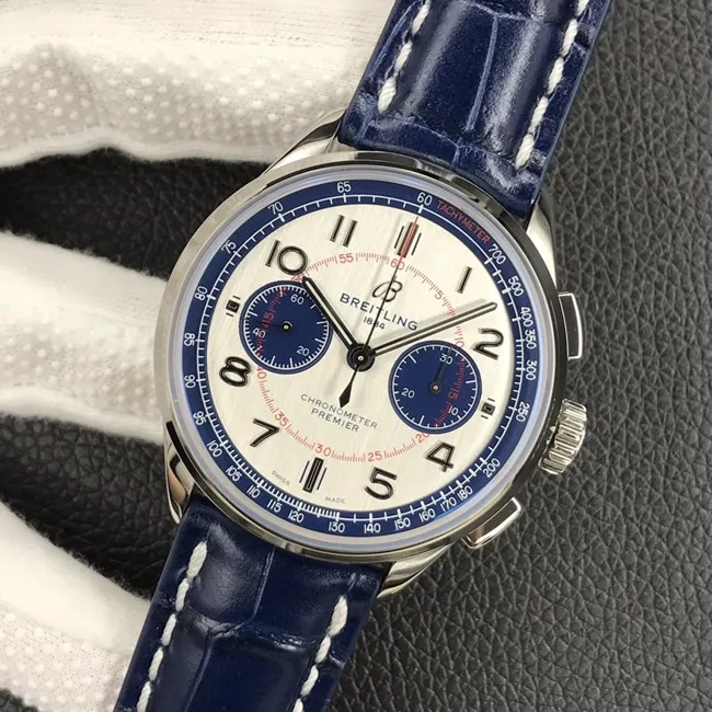 GF Factorytop-tier watch new work Bailing Puya B01chronograph watch 42mm men's white dial blue belt mechanical leather strap watch leather strap picture