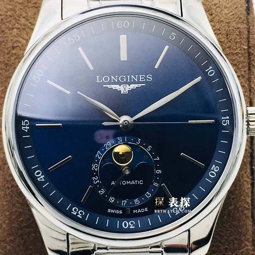 LG factory Longines watchmaking traditional watch men's blue dialmoon phasesteel bracelet model pictures and prices caseback live photo