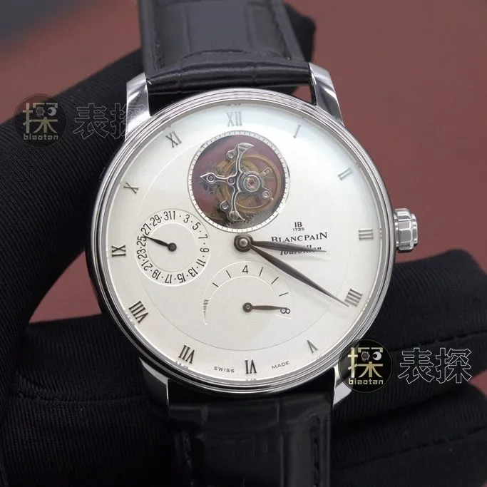 YS factory Blancpain1:1replica watch white dialchronograph tourbillon black leather bracelet side view