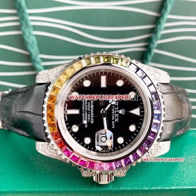 Rolex Submariner super cloneblack dial rainbow diamond bezelleather strap front live photo