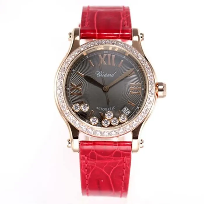 top-tier watch Chopard women's black dial red band happy diamond HAPPY DIAMONDS series mechanical watch front view
