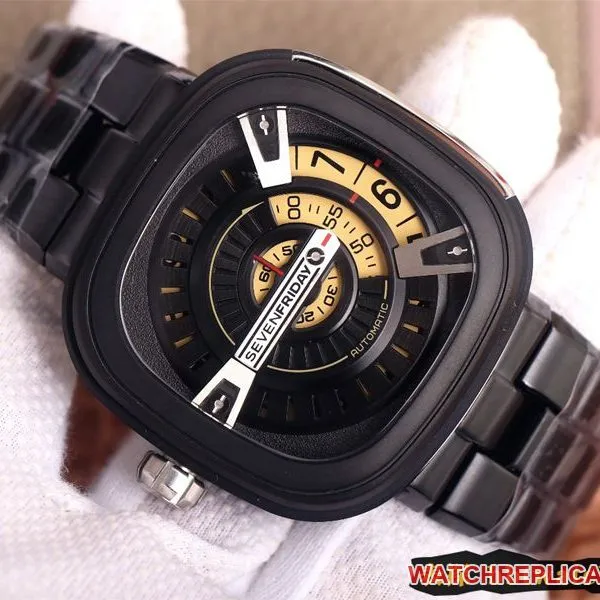 watch seven day display five SEVENFRIDAY/automatic movementmen's watch Swiss steel bracelet large dial all black front view