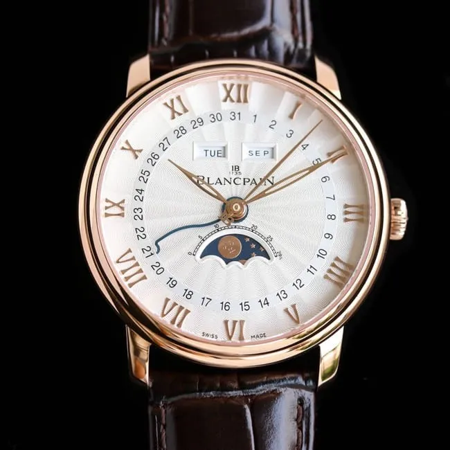 Blancpain top watch classic 6654 moon phase display series men's white dial brown strap watch front view
