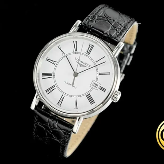 Top-tier watch Longines men's white dial black belt Rosewood series 40mm mechanical leather strap watch front view