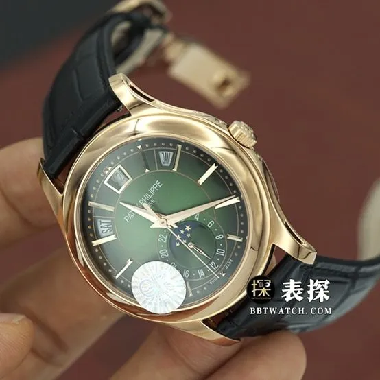 GR factory complications Patek Philippe1:1replica watch olive green dialrose goldleather strap model 5205R-011front live photo
