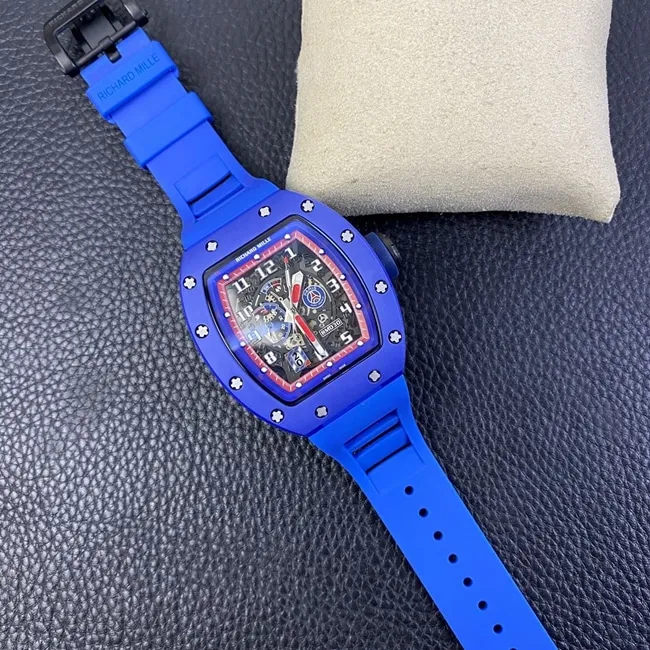 top-tier watch Richard MilleRM030 men's black dial blue rubber strapautomatic movement watch front view