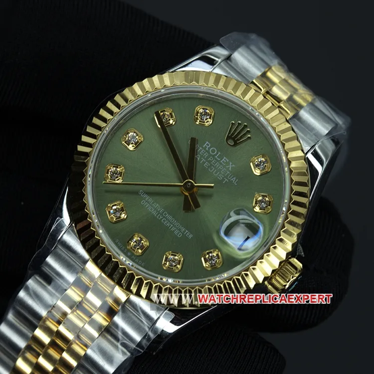 WFRolexreplica women's watch Datejust 28mm gold green dial mechanical water resistance watch front view