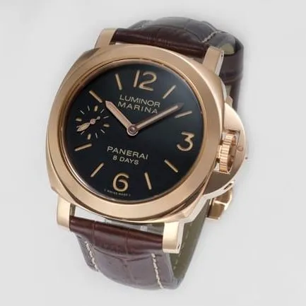 Paneraitop-tier manual winding mechanical men's black dial brown belt watch front view