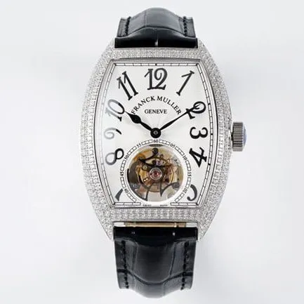 top-tier Frank Muller men's watch white dial black belt manual winding mechanical tourbillonleather strap side view