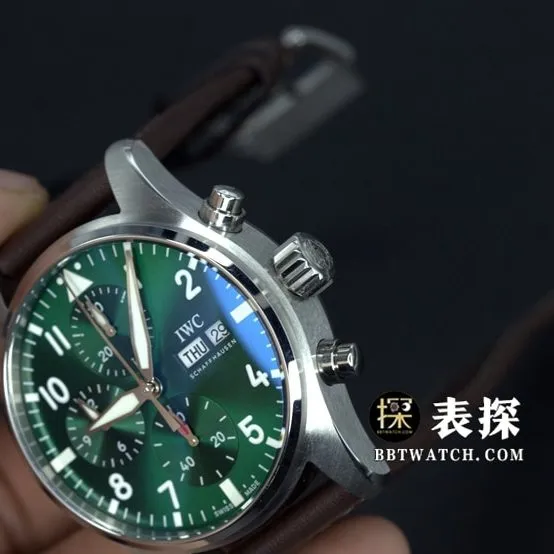 IWC pilot watch green dial white needle leather strap model pictures and prices side live photo