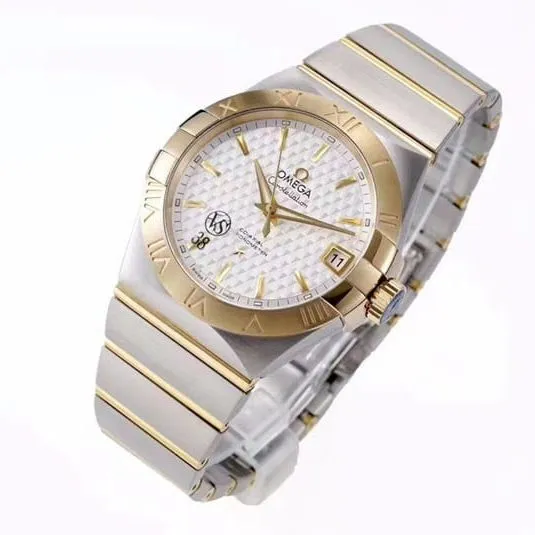 super cloneOmegayellow goldwhite dialdate displayvs constellation temperament 8500 mechanical watch front view